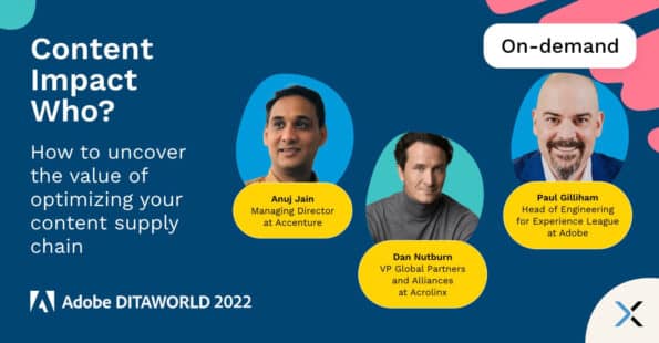 A digital poster for Adobe DITAWORLD 2022 featuring speakers Anuj Jain, Daniel Nutburn, and Paul Gilliham.