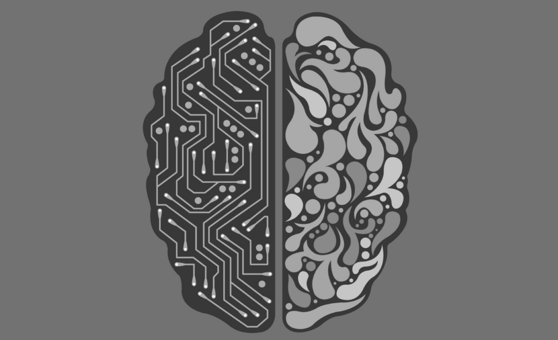 A gray drawing of a brain is shown with one side representative of artificial intelligence and the other of human intelligence. This symbolizes how AI writing assistants can help human writers.