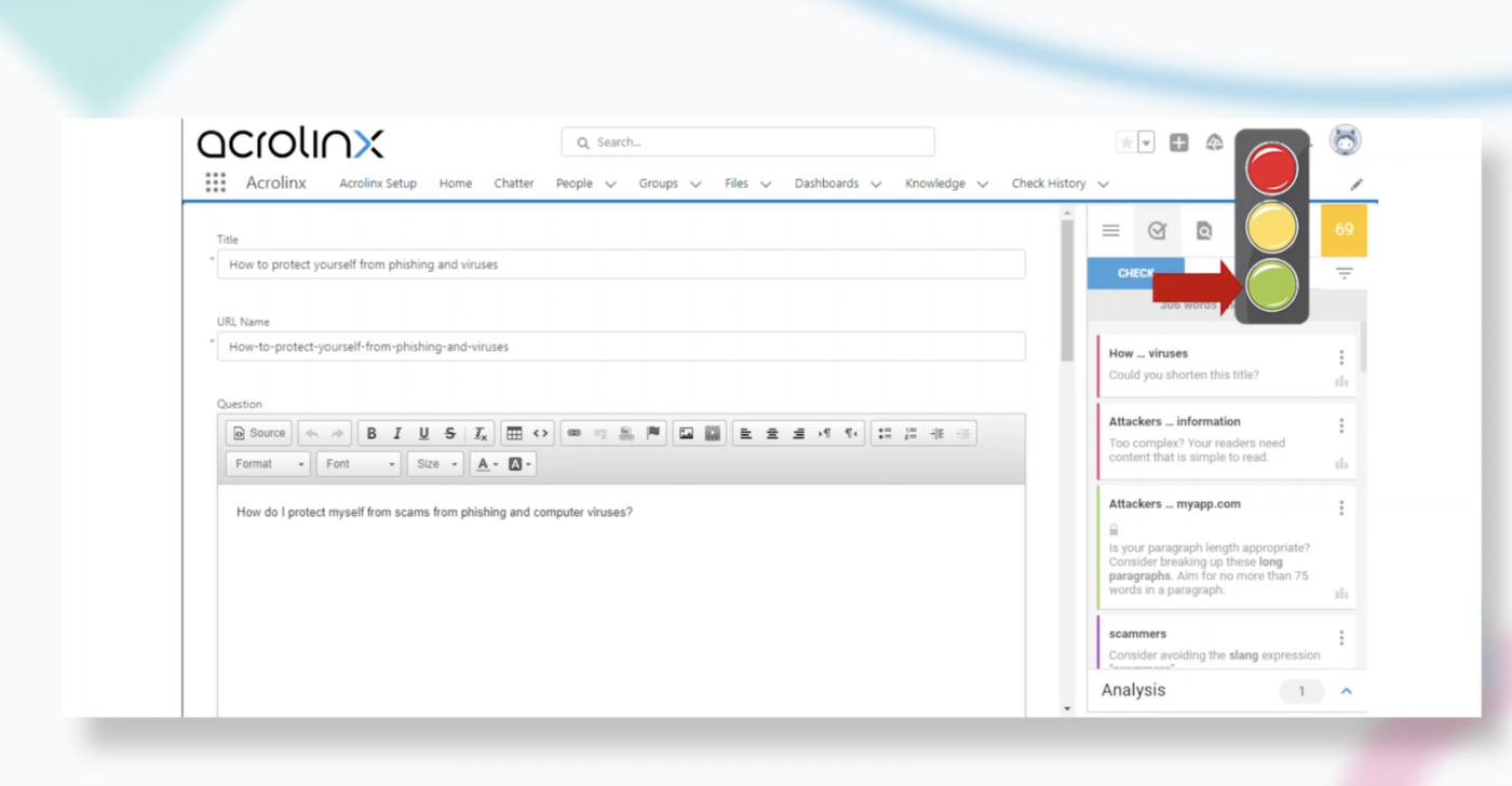 Acrolinx working in Salesforce Knowledge application.