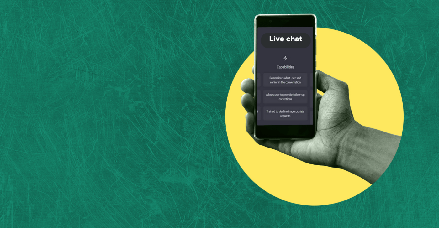On a dark green background there's a yellow circle with a hand holding a mobile phone. On the screen of the phone is a chatbot conversation.