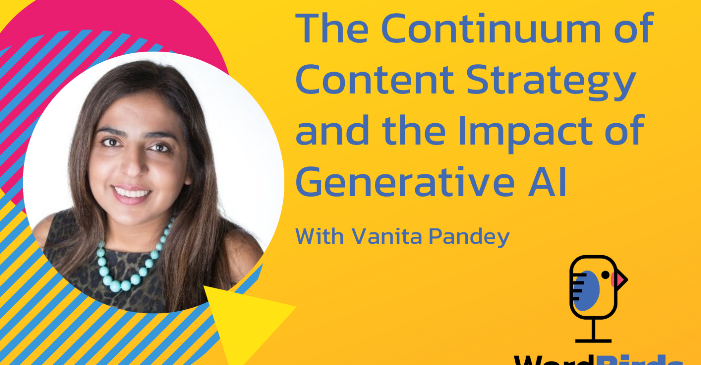 On a yellow background with a headshot of Vanita Pandey on the left, the title reads "The Continuum of Content Strategy and the Impact of Generative AI."