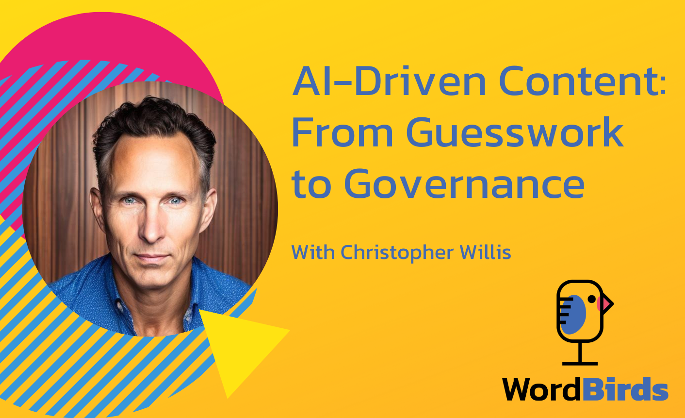 On a yellow background with a headshot of Christopher Willis on the left, the title reads "AI-Driven Content: From Guessword to Governance."