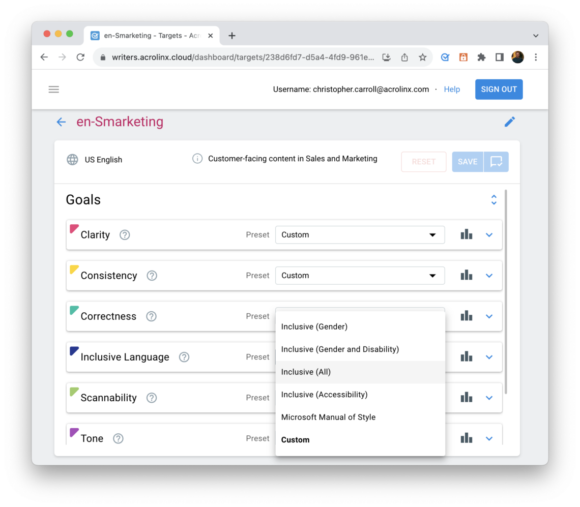 Software screenshot of the configuration for Acrolinx quality goals