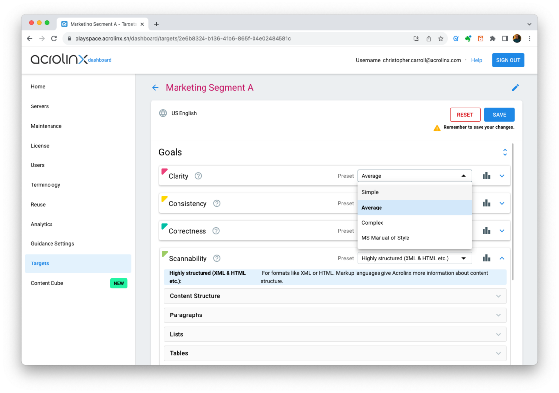 This image shows how you can configure your style guide with Acrolinx for elements of language such as clarity, consistency, correctness, and scannability. 