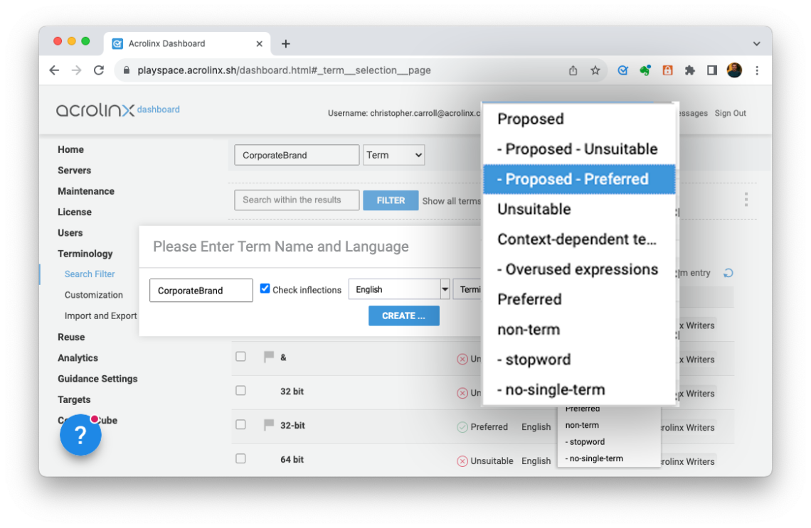 Image shows terminology management in Acrolinx.