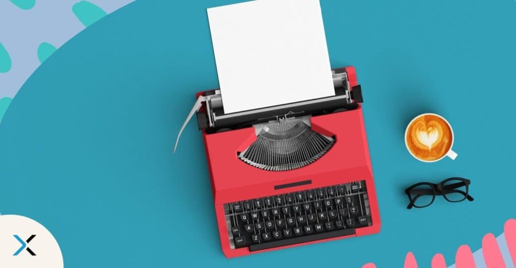 Banner showing a red typewriter on a teal background, with a coffee and glasses next to it, to symbolize writing in the context of outsourced writers.