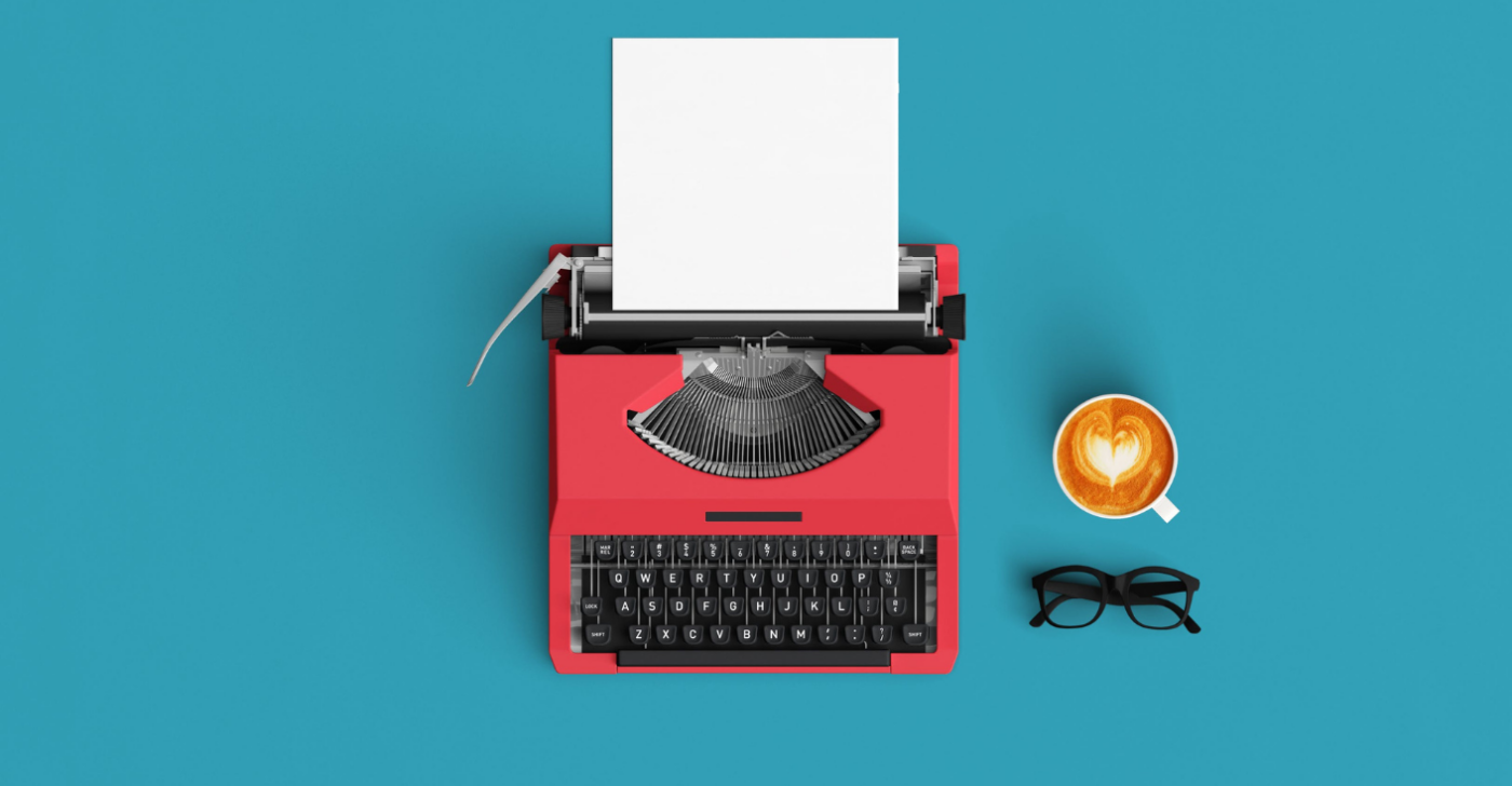 On a blue background is a red typewriter, a cup of coffee, and a pair of glasses to symbolize outsourced writers.
