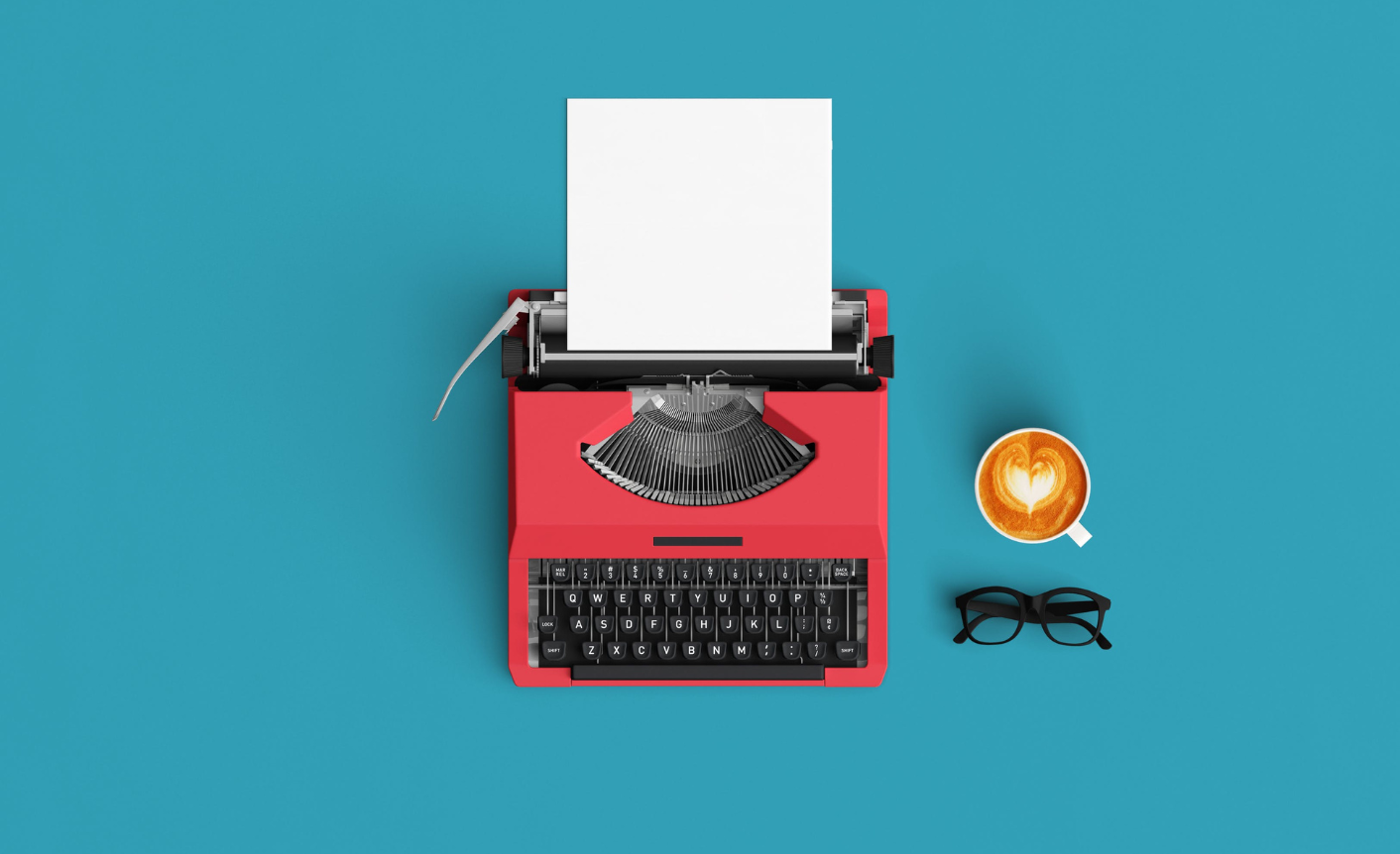 On a blue background is a red typewriter, a cup of coffee, and a pair of glasses to symbolize outsourced writers.