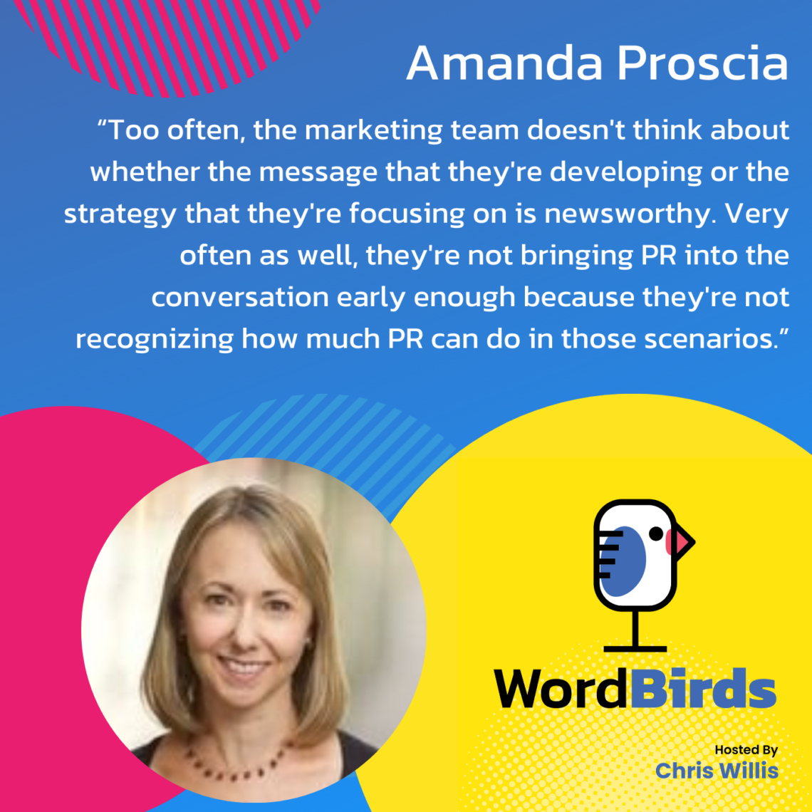 On a blue background there's a quote from Amanda Proscia in white that takes up the majority of the image. The bottom of the image has a headshot image of Amanda and the WordBirds Podcast logo.