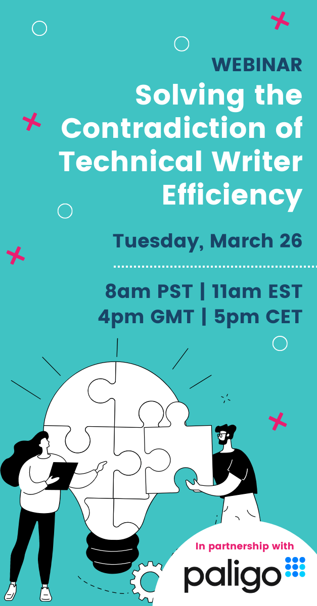 A picture advertisement for an upcoming webinar about Technical Writing Efficiency. There is an image of two people building a puzzle.