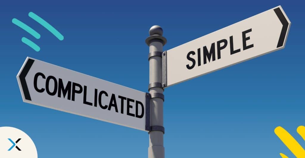 A sign showing the direction "simple" and "complicated" symbolizes content clarity through a content governance plan.