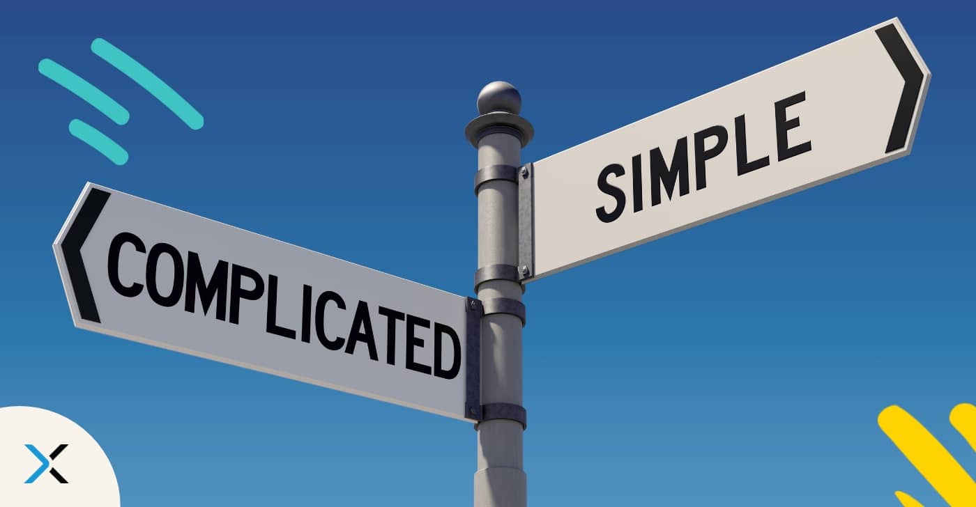 Complexity clarity governance blog A sign showing the direction "simple" and "complicated" symbolizes content clarity through a content governance plan.