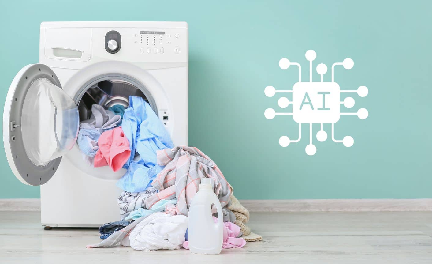 AI-Washing-blog Against a mint green background is a washing machine with clothes tumbling out of it with an AI icon on the right of the image to symbolize AI washing.