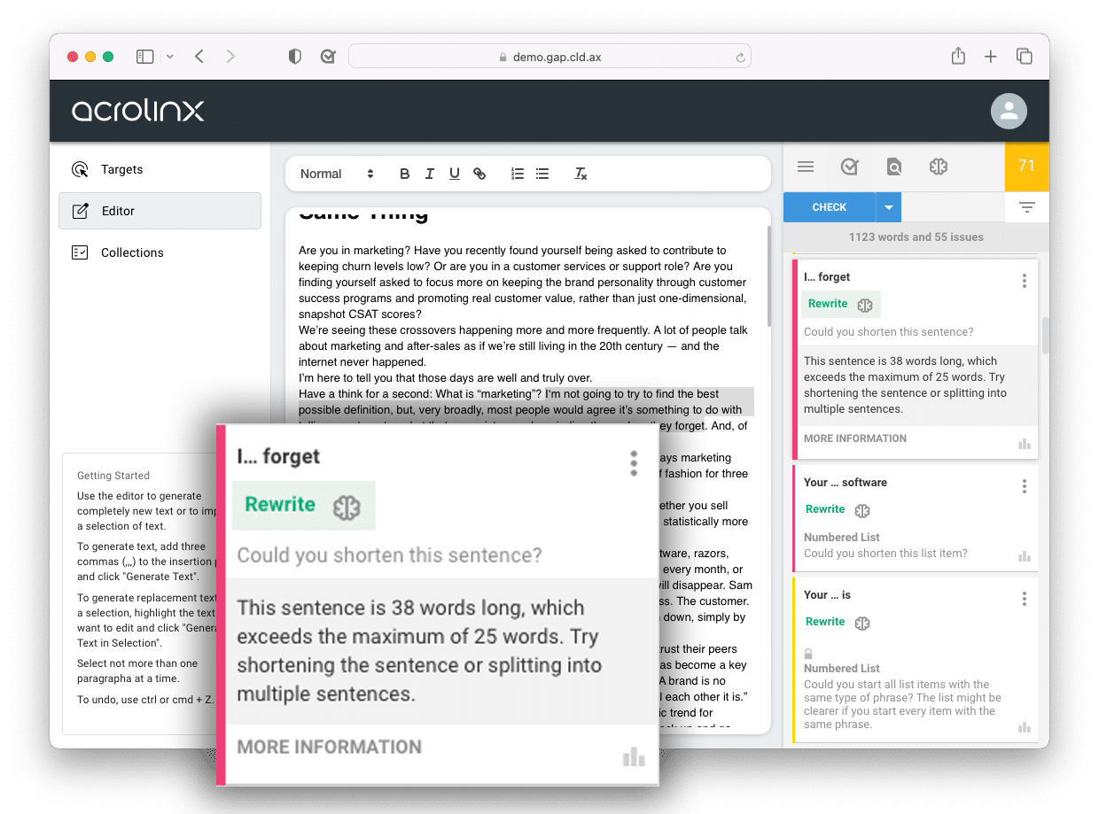 Image shows how AI Enrich lets authors rewrite content with one click.