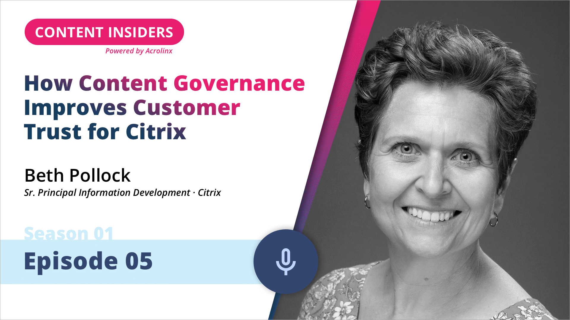 S01E05-Title-Beth-Pollock A podcast episode banner featuring Beth Pollock discussing content governance and customer trust for Citrix.