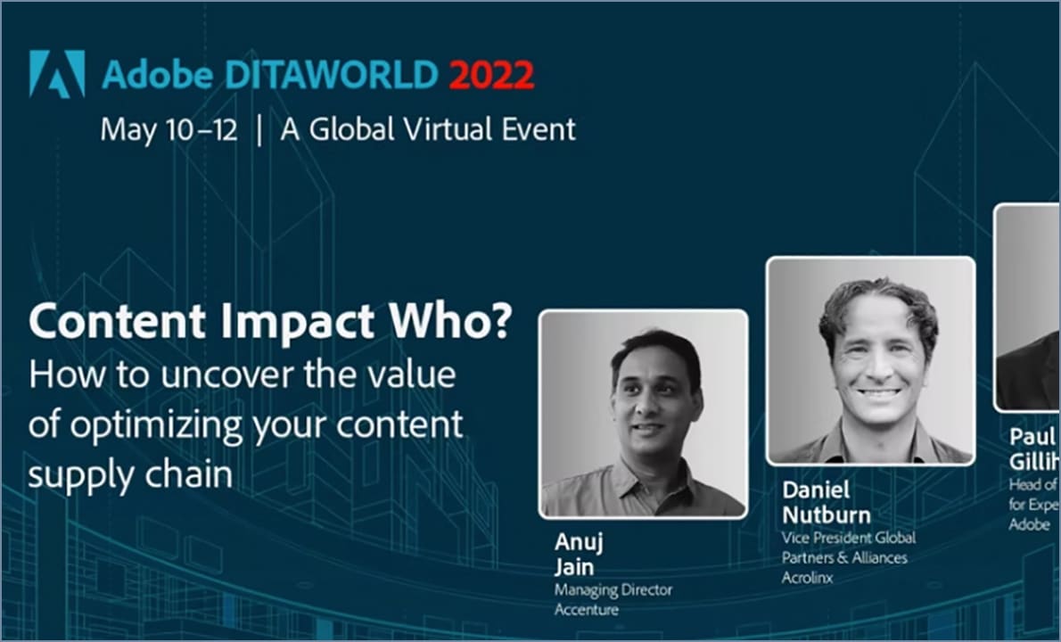 A digital poster for Adobe DITAWORLD 2022 featuring speakers Anuj Jain, Daniel Nutburn, and Paul Gilliham.