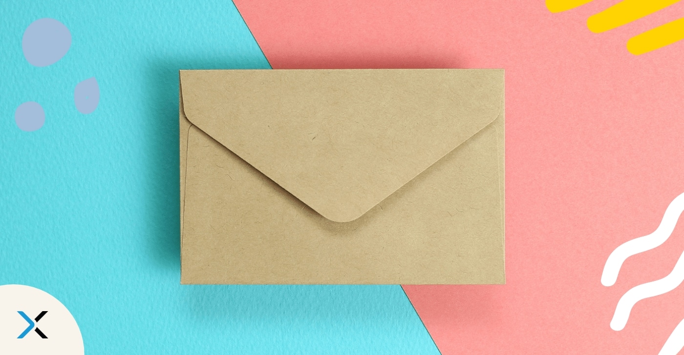 On a bright blue and pink background a beige envelope is centrally displayed to represent how to write effective emails.