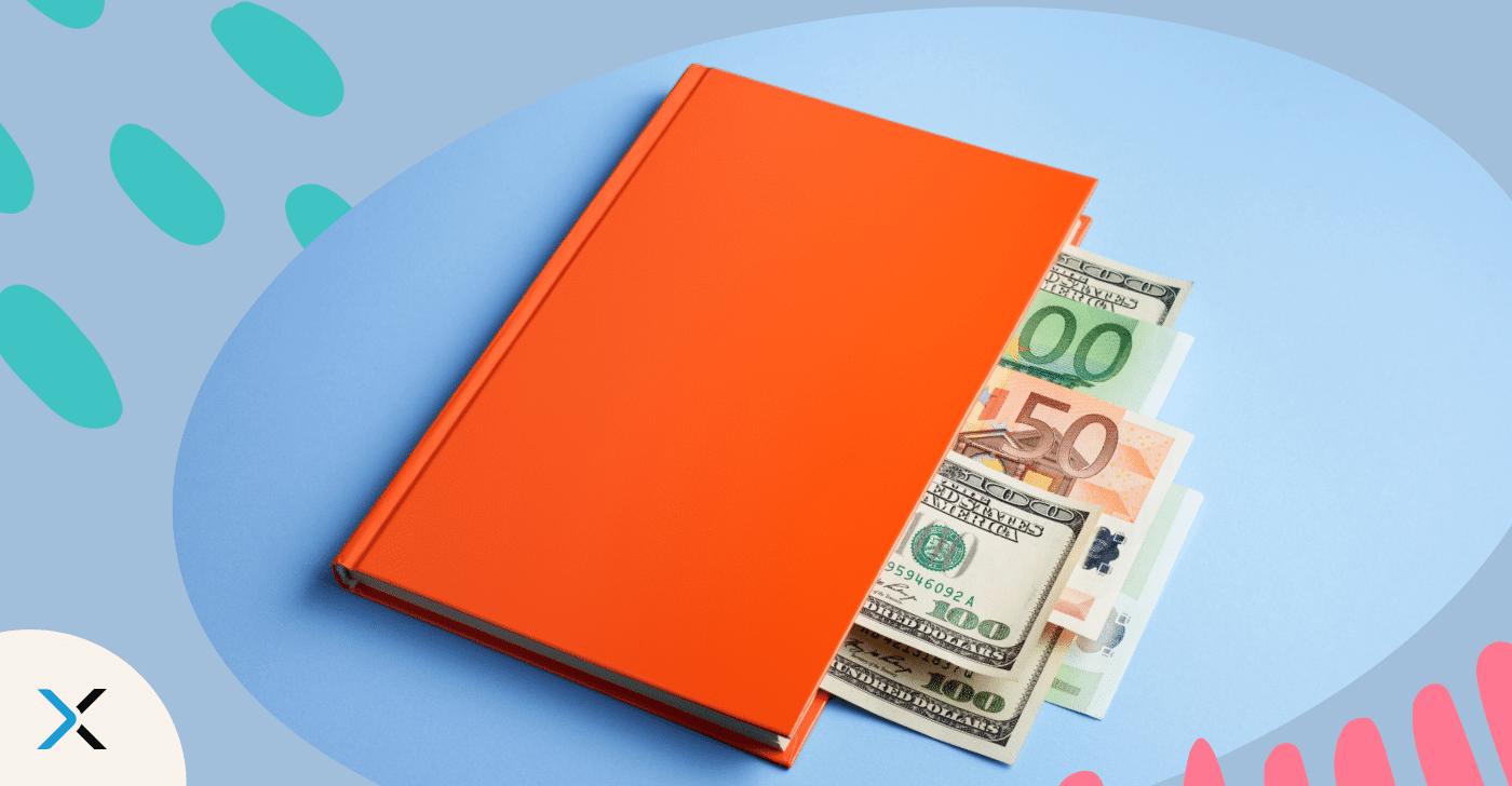Improve Finserv content marketing blog A red notebook with bank notes protuding from the pages representing a guide to content marketing for financial services.