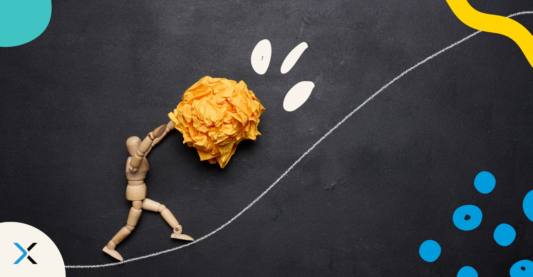 Best technical documentation software blog A wooden person moving a light-weight paper ball up a hill, symbolizing technical documentation software that makes work easier.