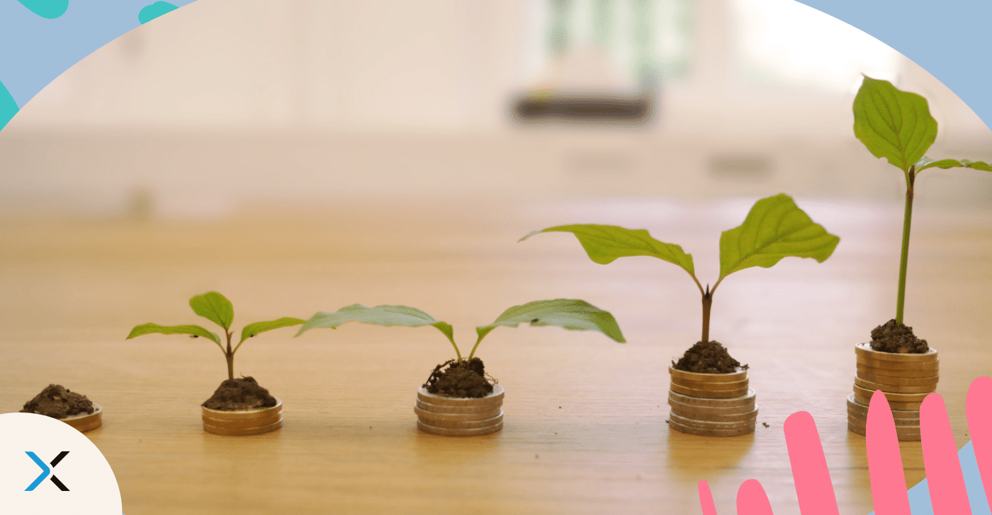 The cost of content blog The cost of content creation blog represented by seedlings growing out of piles of coins.