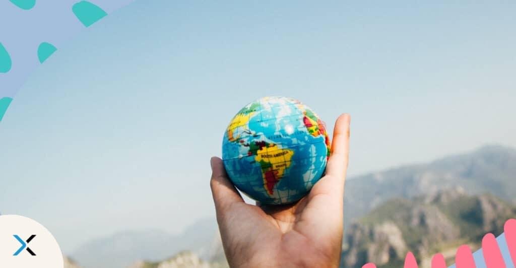 A globe symbolizes global content governance achieved by creating content at scale.