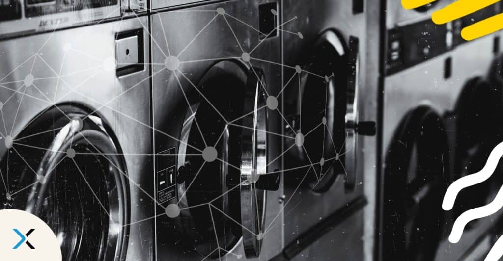 Ein Bild von Waschmaschinen, kombiniert mit neuronalen Netzen, symbolisiert AI-Washing.