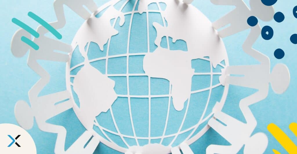 People around a globe symbolize enterprise content governance across global teams.