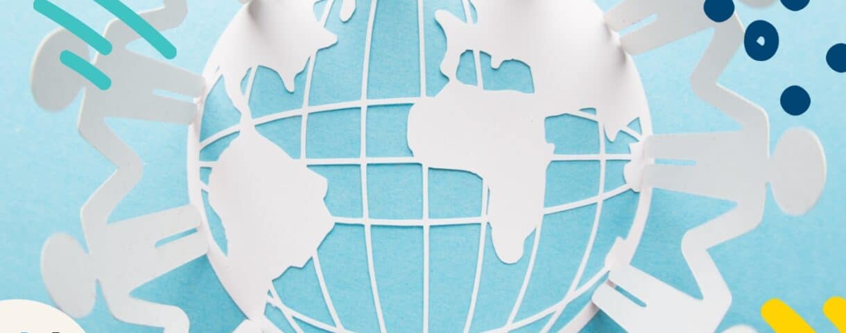 People around a globe symbolize enterprise content governance across global teams.